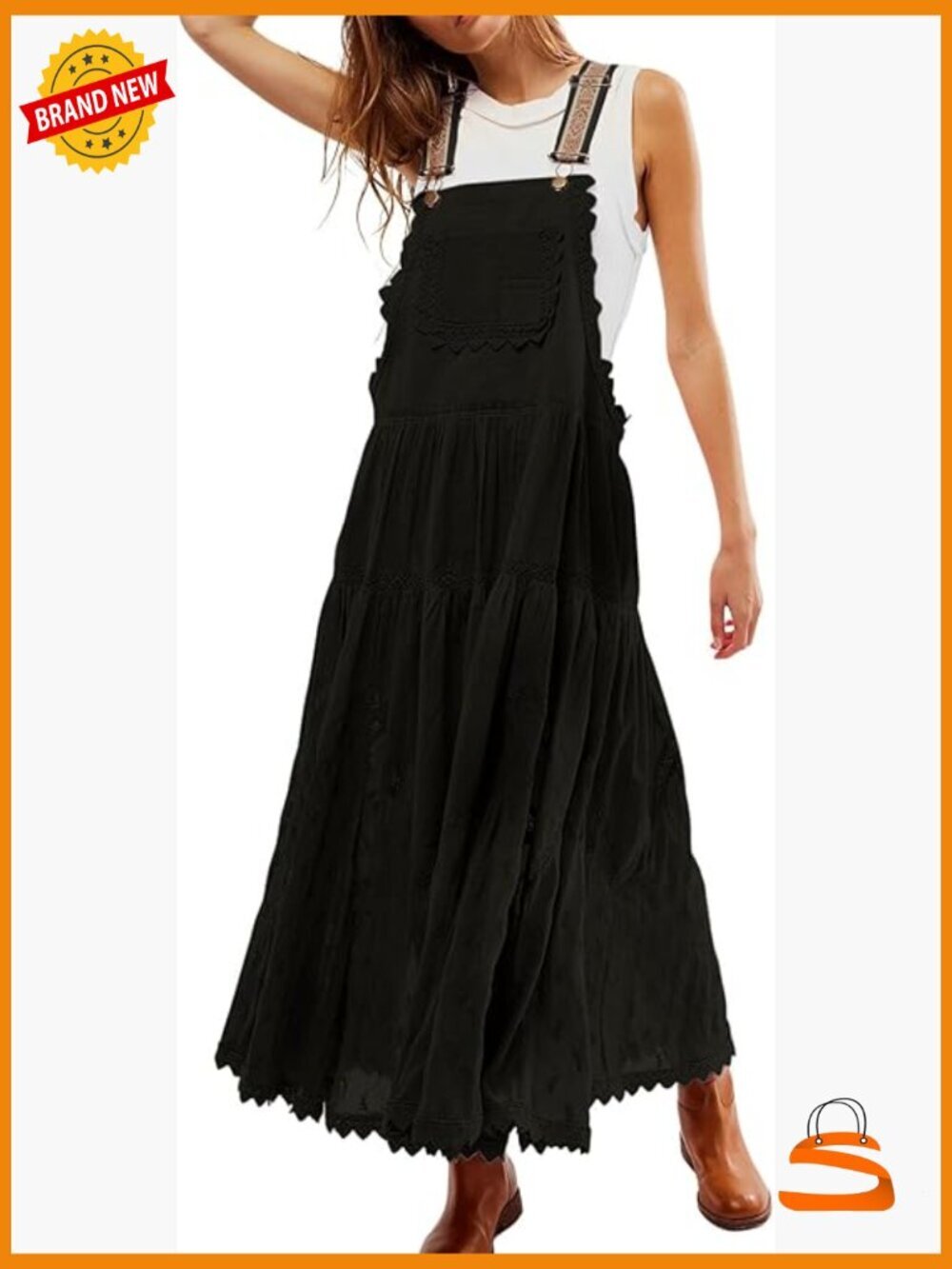 Embroidered Lace Bib Overall Dress Jumper Pinafore Suspender Dress Straps